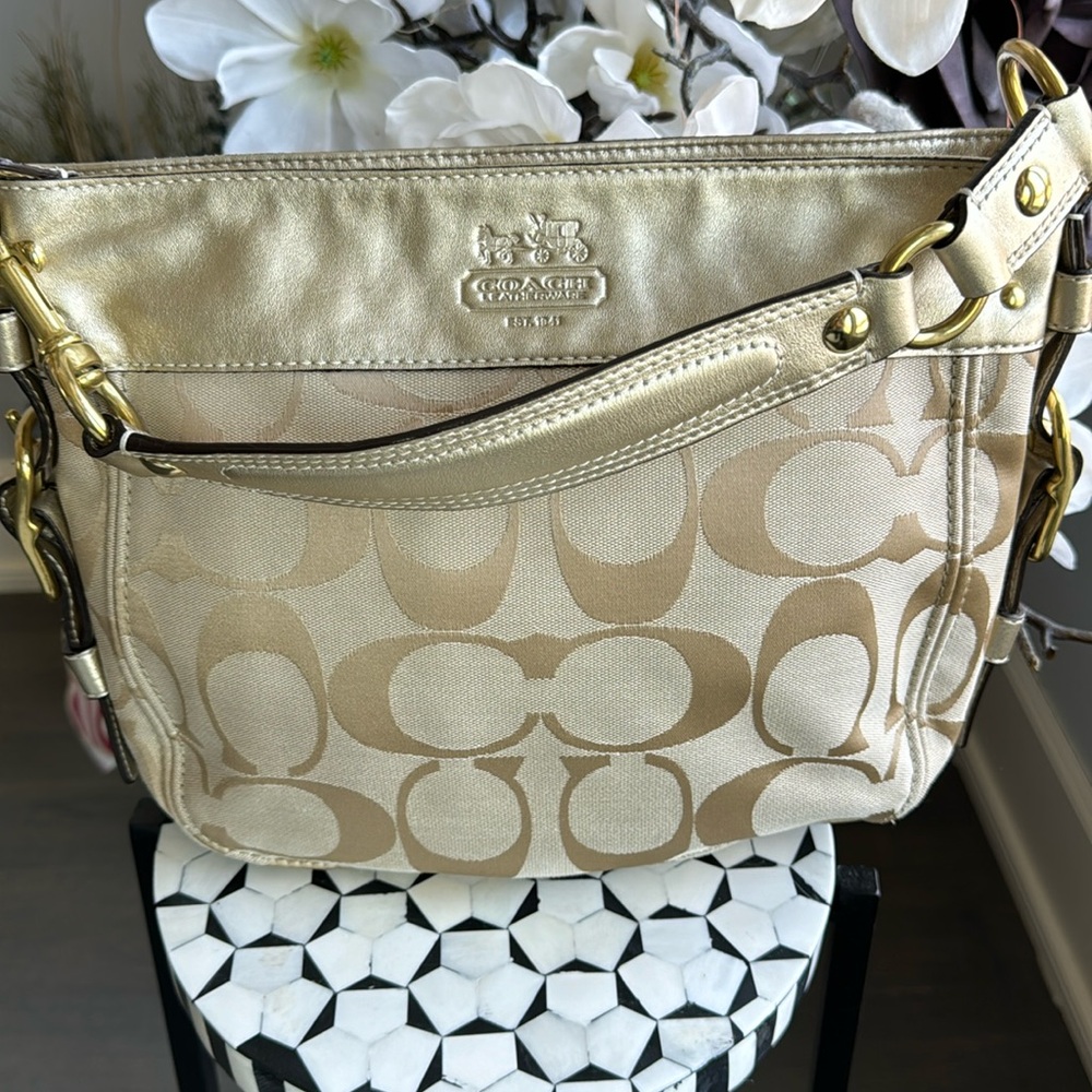 Coach Monogram Shoulder Bag. Ivory Color with Metallic Gold Leather.